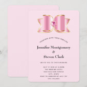 ピンクのグリッターなリボンにセンターストーンをあしらったウェディング 招待状 (正面/裏面)