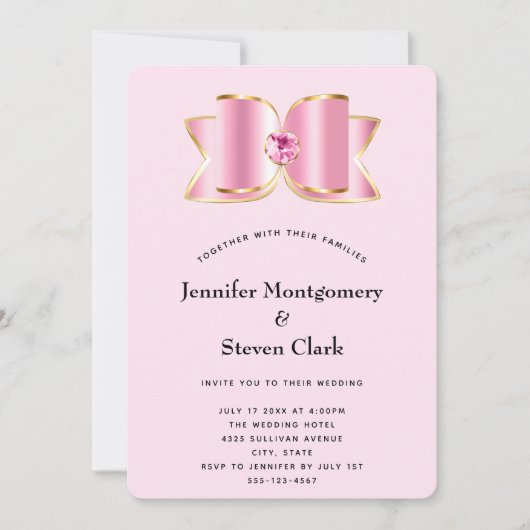 ピンクのグリッターなリボンにセンターストーンをあしらったウェディング 招待状 (正面)