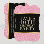ピンクのグリッターにブラックとゴールドのアクセント 招待状 (正面/裏面)