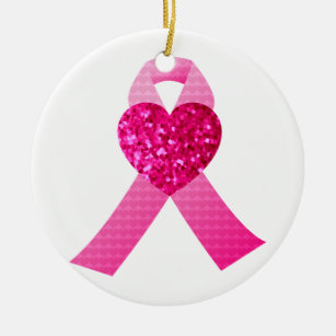 ピンクのグリッターのハートのリボンの乳癌の認識度 セラミックオーナメント