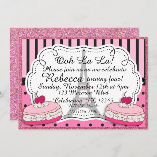 ピンクのグリッターのパリエッフェル塔の女の子の誕生日 招待状 (正面/裏面)