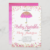 ピンクのグリッターのベビーは招待状の傘を振りかけます 招待状 (正面/裏面)