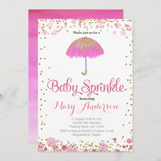 ピンクのグリッターのベビーは招待状の傘を振りかけます 招待状 (正面/裏面)