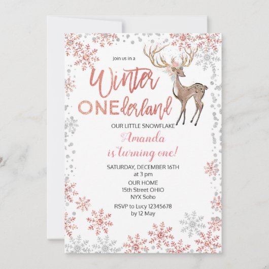 ピンクのグリッターの冬の誕生日の招待状 招待状 (正面)