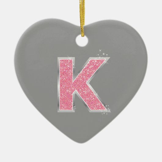 ピンクのグリッターの手紙K セラミックオーナメント (正面)