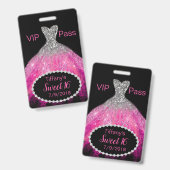 ピンクのグリッターの服の菓子16 VIPのパーティーのバッジ バッジ (表裏)