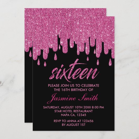 ピンクのグリッターの第16誕生会 招待状 (正面/裏面)