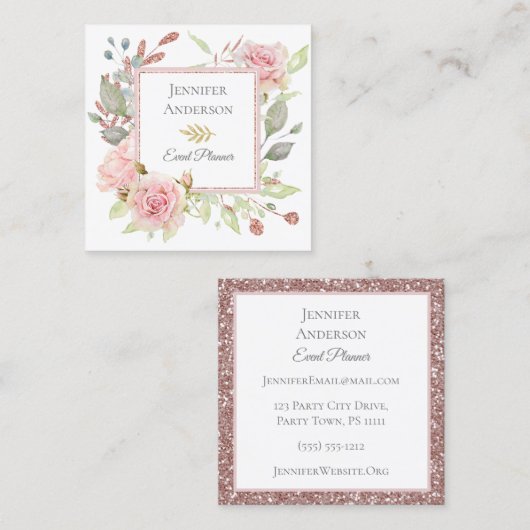 ピンクのグリッターの花の名刺 スクエア名刺 (正面/裏面)