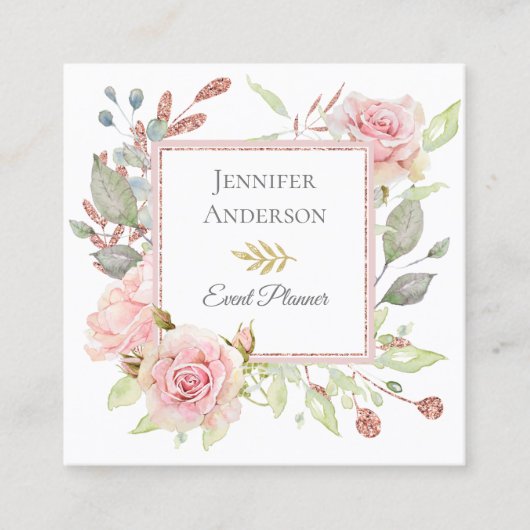 ピンクのグリッターの花の名刺 スクエア名刺 (正面)