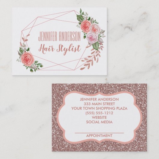 ピンクのグリッターの花の幾何学的な美しいのアポイントメント 予約カード (正面/裏面)