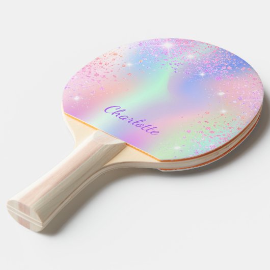 ピンクのグリッターほこりのレインボーパープルモノグラムの女の子 卓球ラケット (正面アングル)