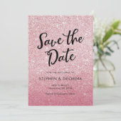 ピンクのグリッターを使用した結婚式の「Save the date」招待状 セーブザデート (スタンド正面)