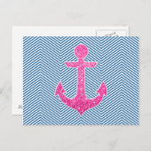 ピンクのグリッターアンカー 青いシェブロン ポストカード (正面/裏面)