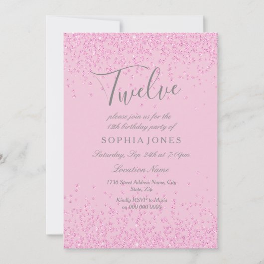 ピンクのグリッターガールの12歳の誕生日パーティー招待状 招待状 (正面)