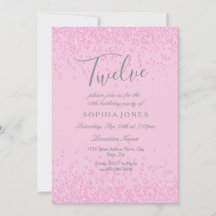 ピンクのグリッターガールの12歳の誕生日パーティー招待状