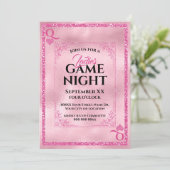 ピンクのグリッタークイーンのハートレディースゲームナイト 招待状 (スタンド正面)