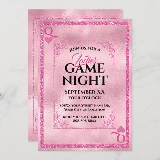 ピンクのグリッタークイーンのハートレディースゲームナイト 招待状 (正面/裏面)