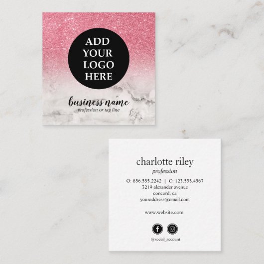 ピンクのグリッターグラデーションキュラッシーロゴのソーシャルアイコン スクエア名刺 (正面/裏面)