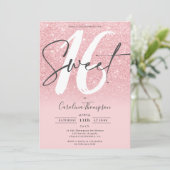 ピンクのグリッターグラデーションフォント赤面フォトスイート16 招待状 (スタンド正面)