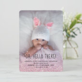 ピンクのグリッターグラデーション写真の誕生のお知らせ 招待状 (スタンド正面)