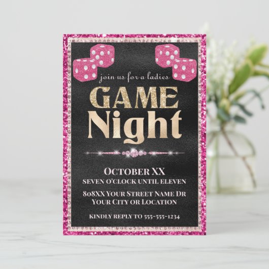 ピンクのグリッターサイコロレディースゲームナイト金ゴールドオンブラック 招待状 (スタンド正面)