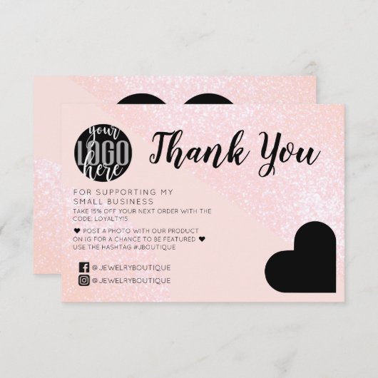 ピンクのグリッタージオハートロゴお客様ありがとうございます サンキューカード (正面/裏面)