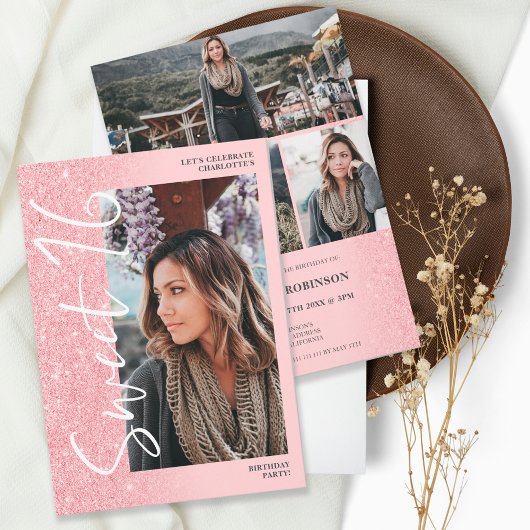 ピンクのグリッタースグラデーションクリプト4枚の写真Sweet 16 招待状