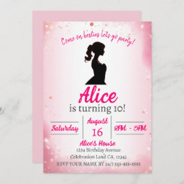 ピンクのグリッターテーマ人形の誕生日 招待状