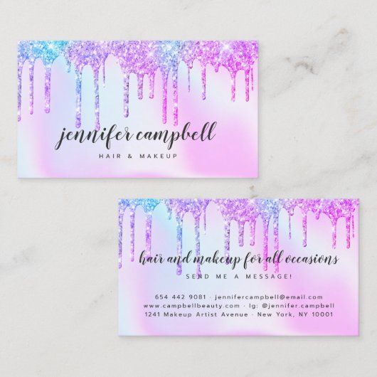 ピンクのグリッタードリップヘアホログラフィックユニコーン 名刺 (正面/裏面)