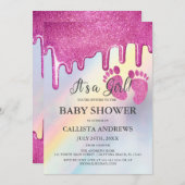 ピンクのグリッタードリップレインボーホログラフィックベビーシャワー 招待状 (正面/裏面)