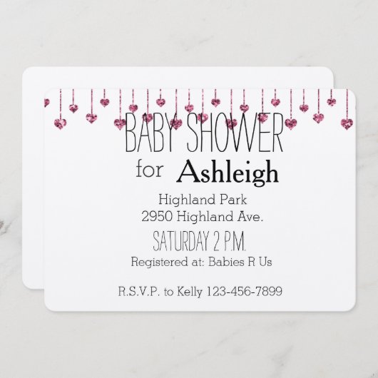 ピンクのグリッターハートベビーシャワー 招待状 (正面/裏面)