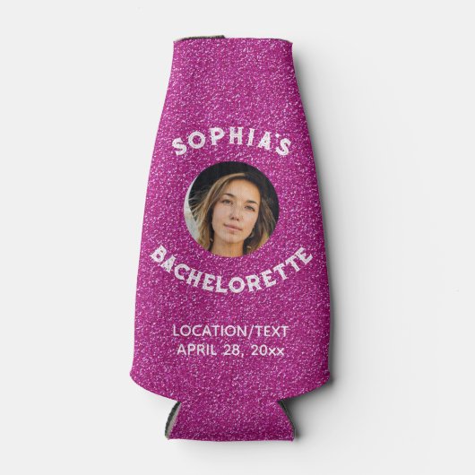 ピンクのグリッターバカレットパーティーの好意ブライド写真 ボトルクーラー (正面)
