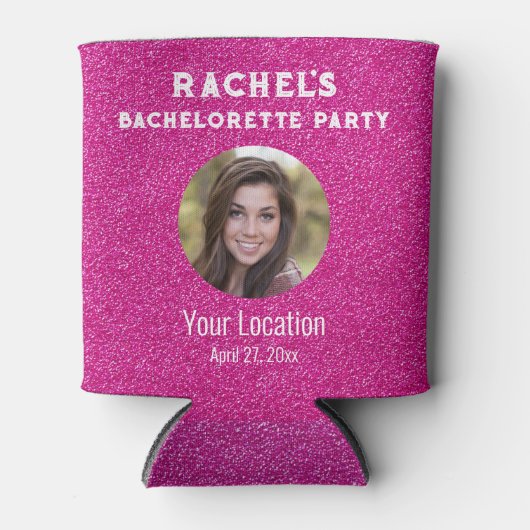 ピンクのグリッターバカレットパーティーの好意ブライド写真 缶クーラー (正面)