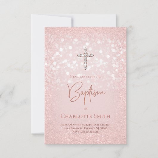 ピンクのグリッターフェイクバプテスマ 招待状 (正面)