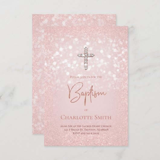 ピンクのグリッターフェイクバプテスマ 招待状 (正面/裏面)