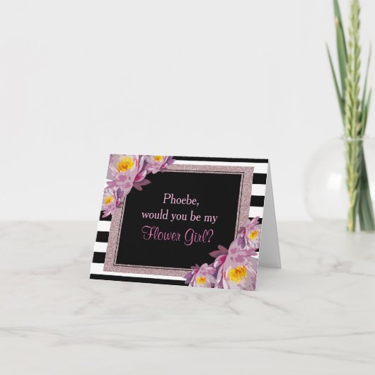 ピンクのグリッターフローラが私の花の女の子になる 招待状 (正面)