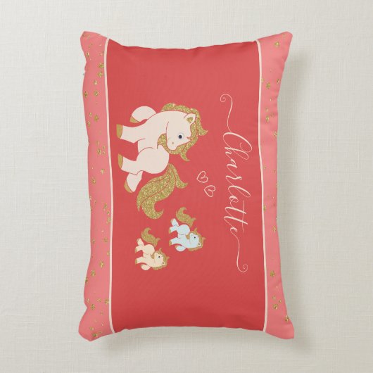 ピンクのグリッターポニーとファーストネーム小さな女の子 アクセントクッション (正面(垂直))