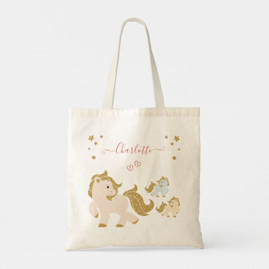 ピンクのグリッターポニーとファーストネーム小さな女の子 トートバッグ (裏面)
