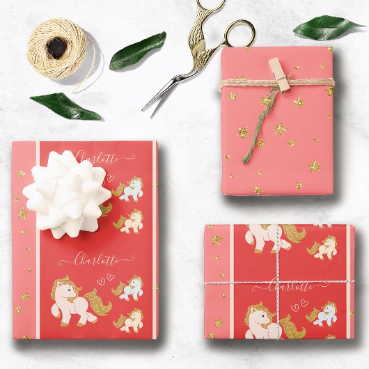 ピンクのグリッターポニーとファーストネーム小さな女の子 ラッピングペーパーシート