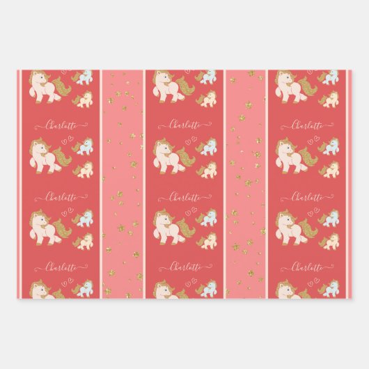 ピンクのグリッターポニーとファーストネーム小さな女の子 ラッピングペーパーシート (正面)