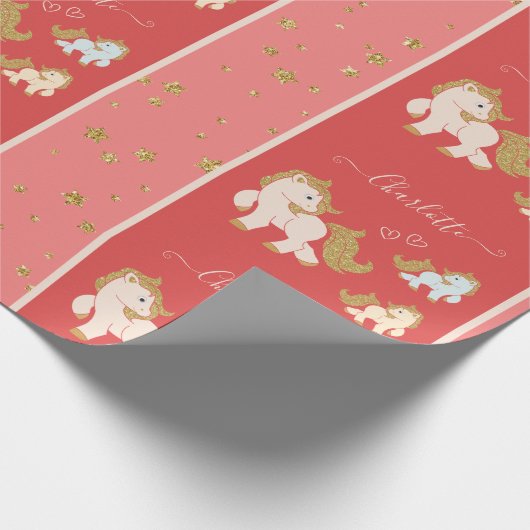 ピンクのグリッターポニーとファーストネーム小さな女の子 ラッピングペーパー (角)