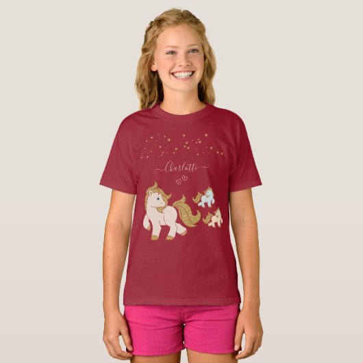 ピンクのグリッターポニーとファーストネーム小さな女の子 Tシャツ (正面フル)