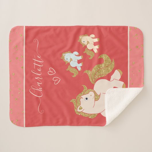 ピンクのグリッターポニーとファーストネーム赤ちゃん女 シェルパブランケット (正面(横))
