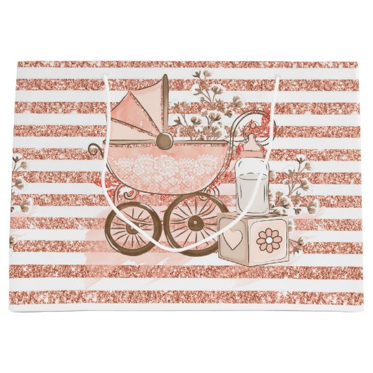 ピンクのグリッタールックベビーガールPRAM & FLOWERS ラージペーパーバッグ (正面)