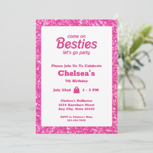 ピンクのグリッター人形をテーマにした誕生日 招待状 (スタンド正面)