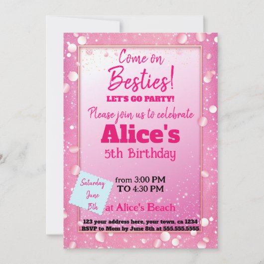 ピンクのグリッター人形をテーマにした誕生日 招待状 (正面)