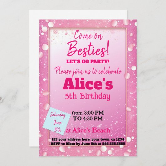 ピンクのグリッター人形をテーマにした誕生日 招待状 (正面/裏面)