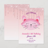 ピンクのグリッター垂れる子猫の招待状 招待状 (正面/裏面)