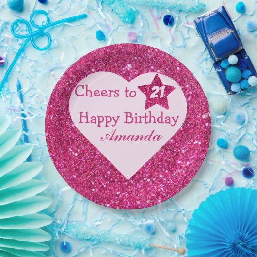 ピンクのグリッター応援へ21ハートハッピーバースデー ペーパープレート (パーティー)