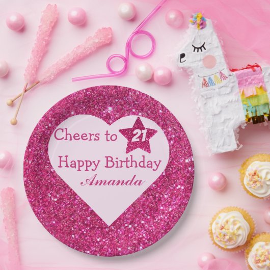 ピンクのグリッター応援へ21ハートハッピーバースデー ペーパープレート (パーティー)